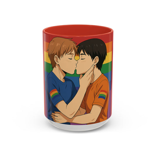 Pride Kiss Coffee Mug — Rainbow Gay Couple Accent Mug (11/15oz)