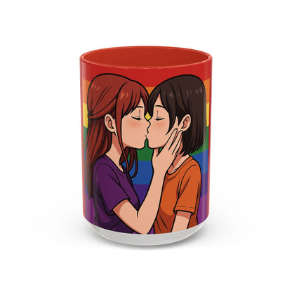 Pride Kiss Coffee Mug — Lesbian Couple Rainbow Accent 11/15oz
