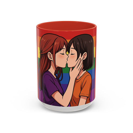Pride Kiss Coffee Mug — Lesbian Couple Rainbow Accent 11/15oz