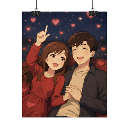 Romantic Anime Couple Poster — Cute Heart Night Sky Rolled Print