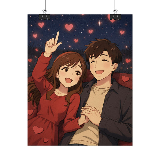Romantic Anime Couple Poster — Cute Heart Night Sky Rolled Print