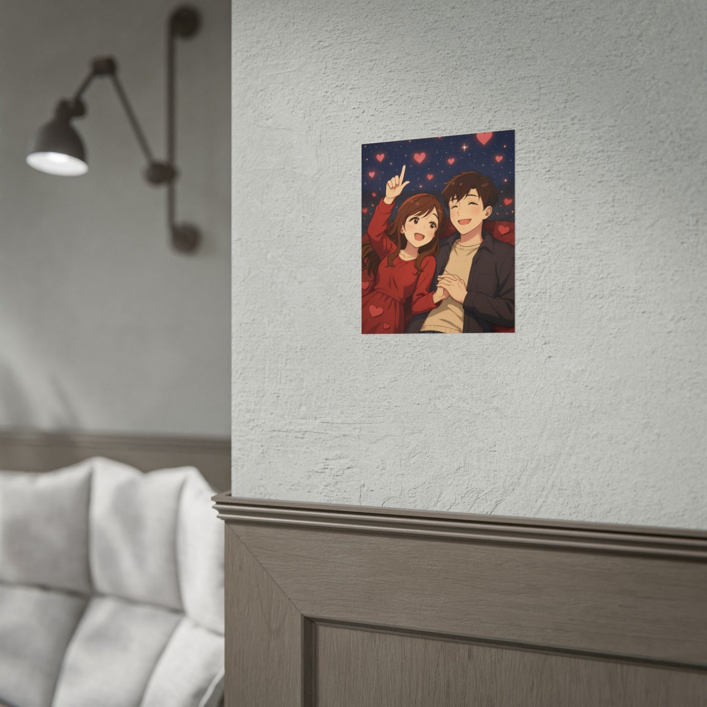 Romantic Anime Couple Poster — Cute Heart Night Sky Rolled Print