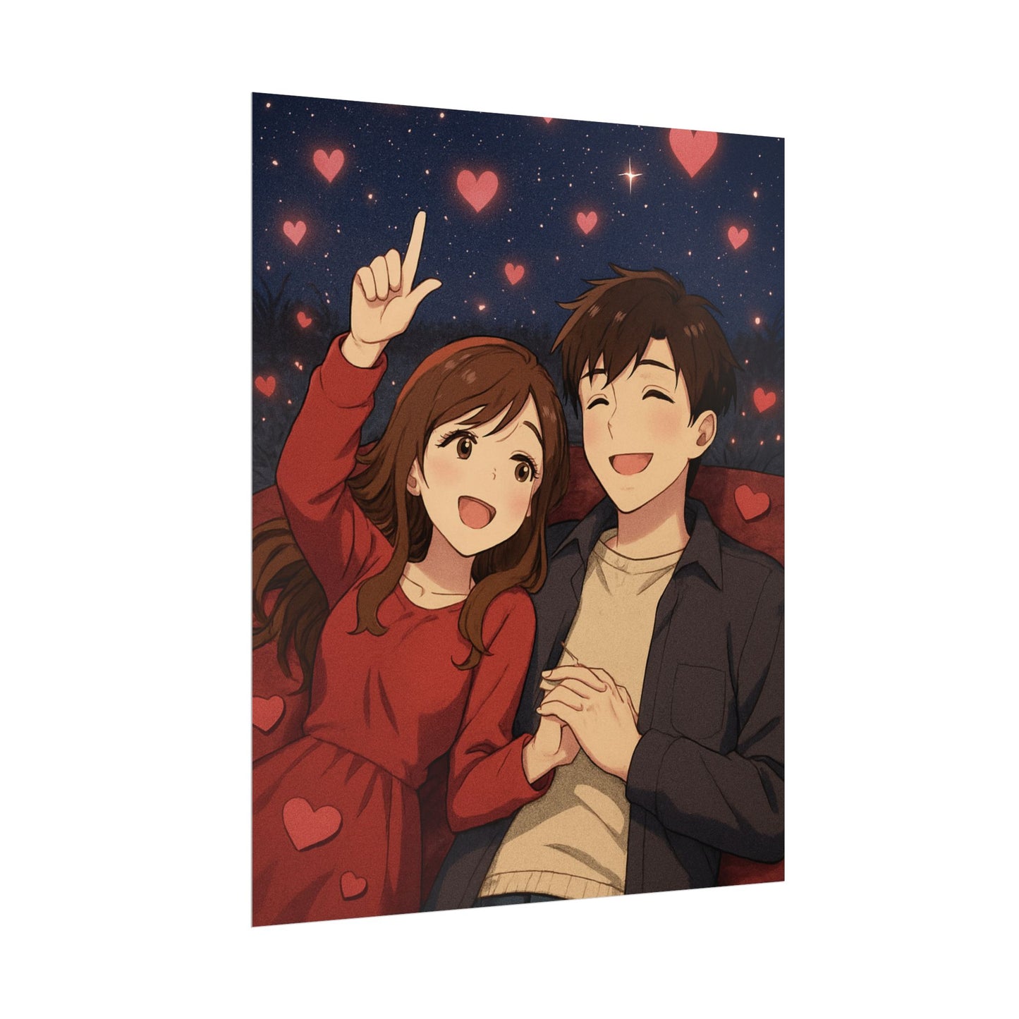 Romantic Anime Couple Poster — Cute Heart Night Sky Rolled Print
