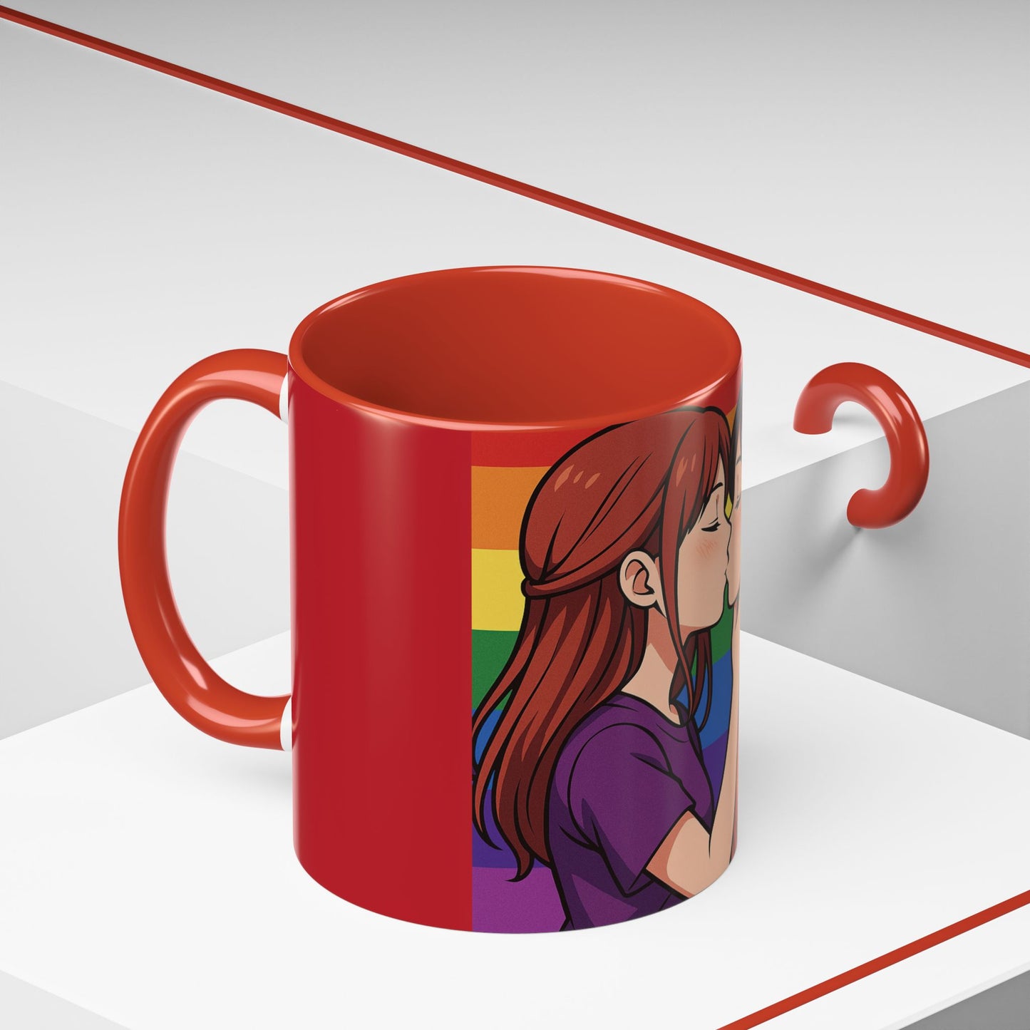 Pride Kiss Coffee Mug — Lesbian Couple Rainbow Accent 11/15oz
