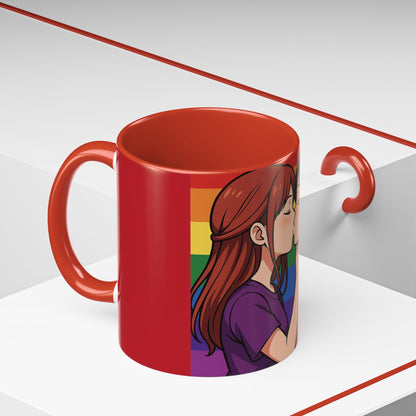 Pride Kiss Coffee Mug — Lesbian Couple Rainbow Accent 11/15oz