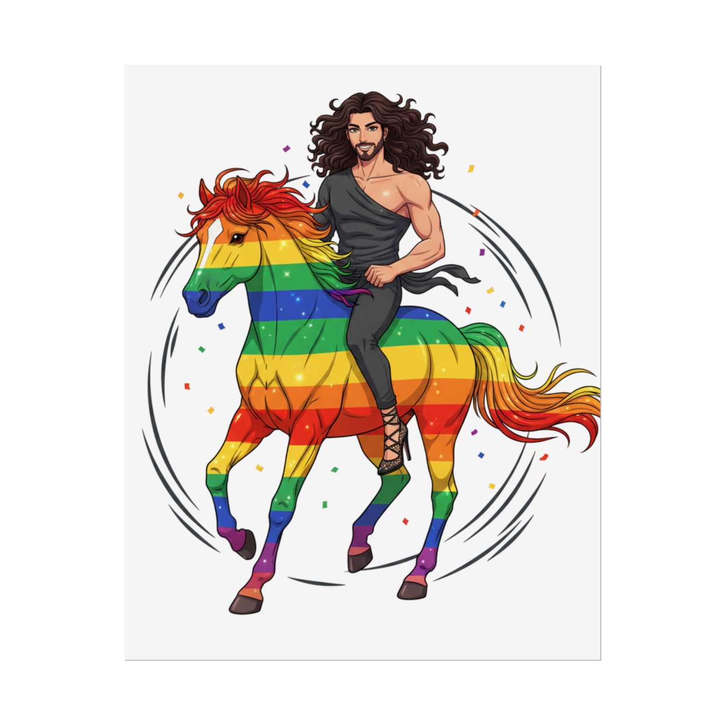 Rainbow Pride Horse Poster — Handsome Rider on Rainbow Stallion Rolled Poster