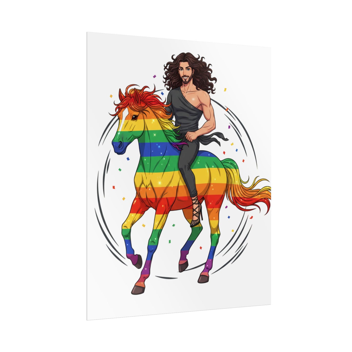Rainbow Pride Horse Poster — Handsome Rider on Rainbow Stallion Rolled Poster