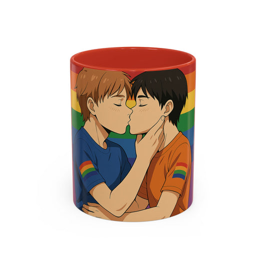 Pride Kiss Coffee Mug — Rainbow Gay Couple Accent Mug (11/15oz)