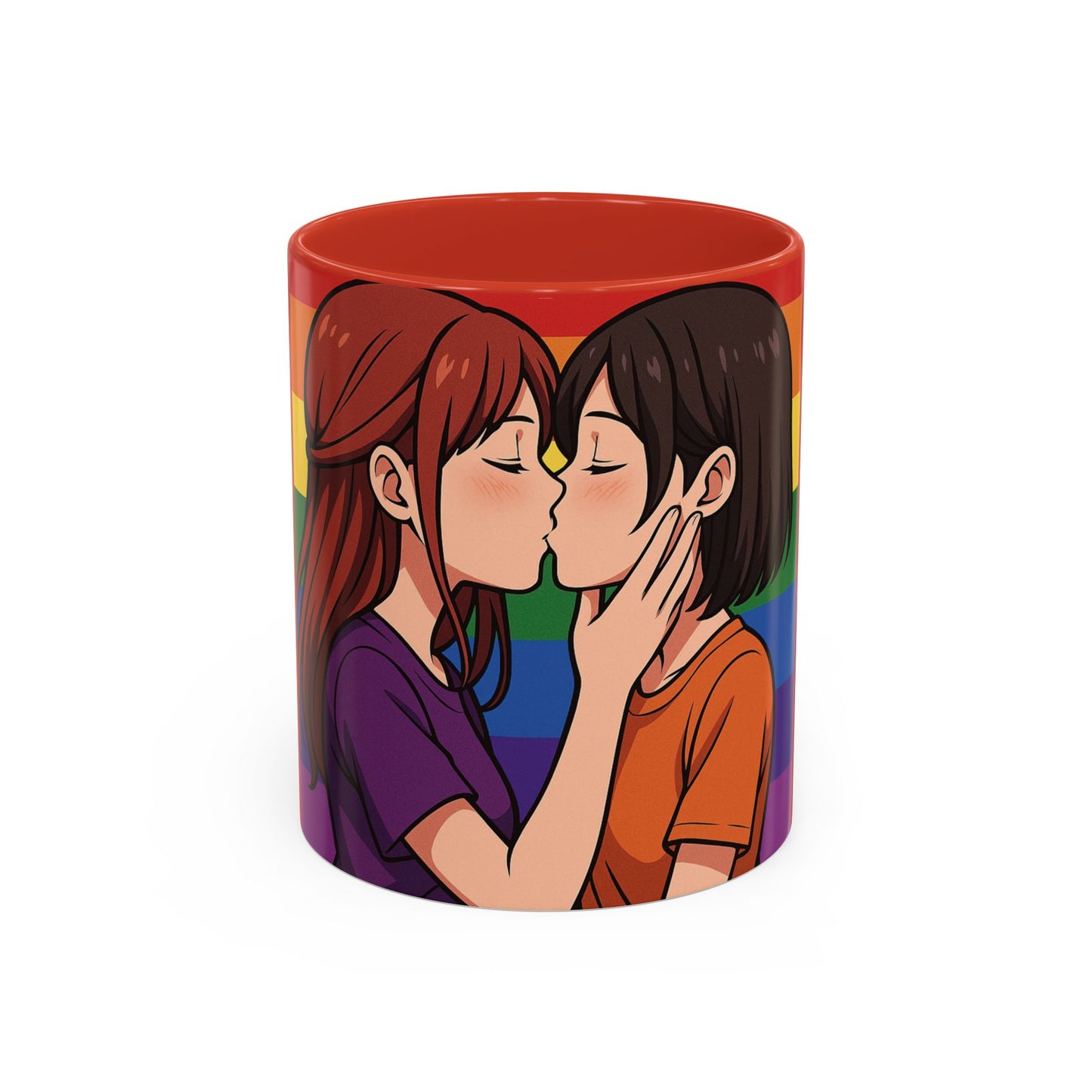Pride Kiss Coffee Mug — Lesbian Couple Rainbow Accent 11/15oz