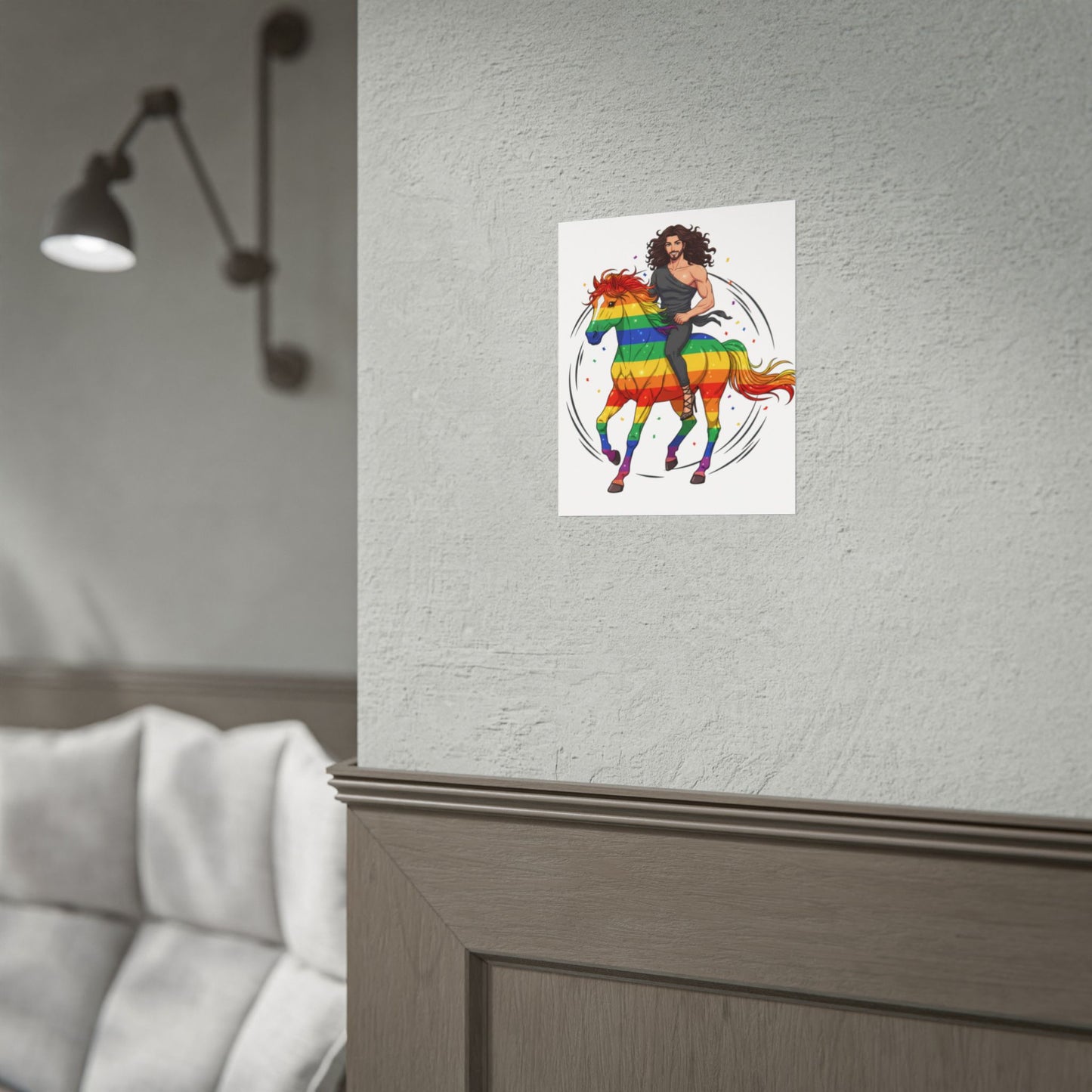 Rainbow Pride Horse Poster — Handsome Rider on Rainbow Stallion Rolled Poster