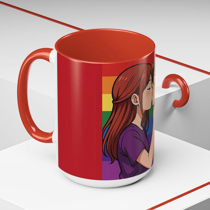 Pride Kiss Coffee Mug — Lesbian Couple Rainbow Accent 11/15oz