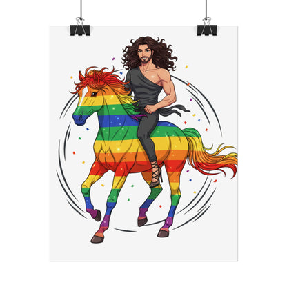 Rainbow Pride Horse Poster — Handsome Rider on Rainbow Stallion Rolled Poster