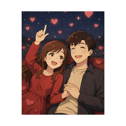 Romantic Anime Couple Poster — Cute Heart Night Sky Rolled Print