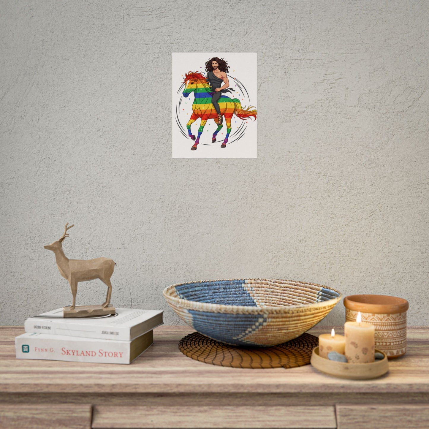 Rainbow Pride Horse Poster — Handsome Rider on Rainbow Stallion Rolled Poster