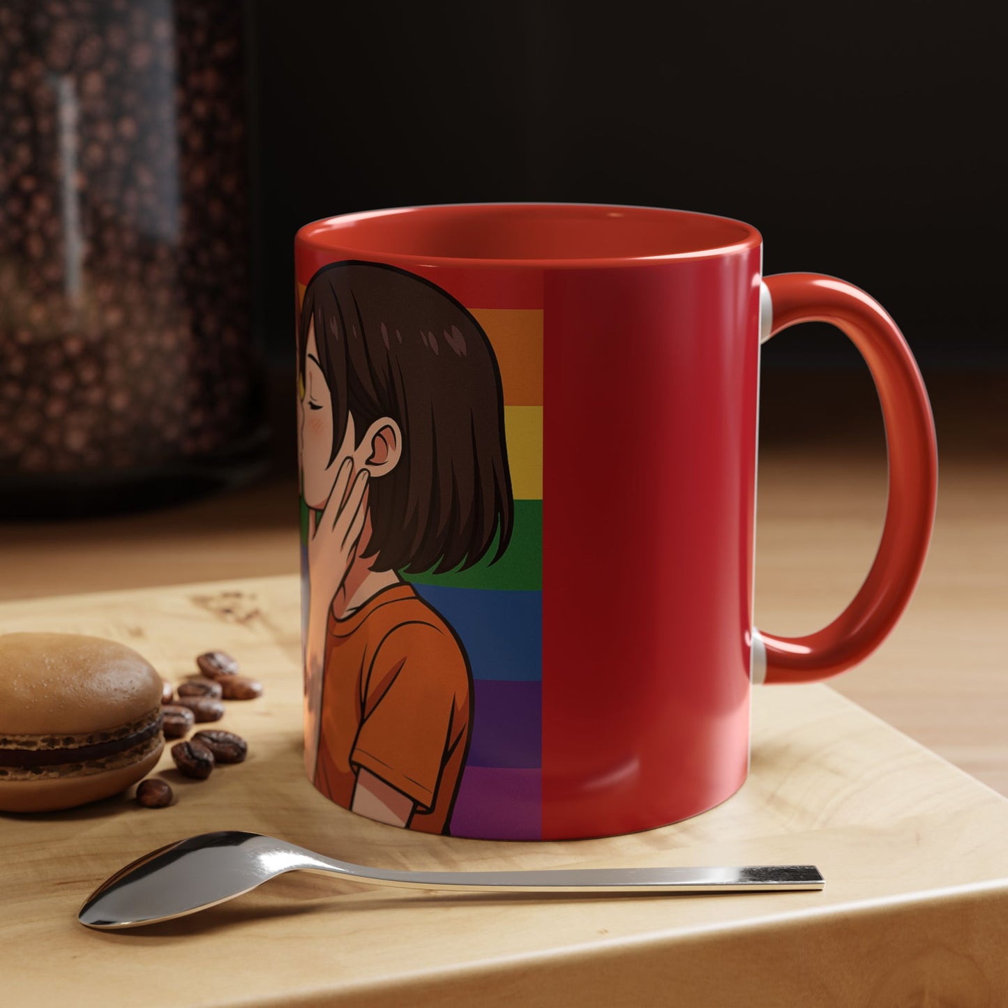 Pride Kiss Coffee Mug — Lesbian Couple Rainbow Accent 11/15oz
